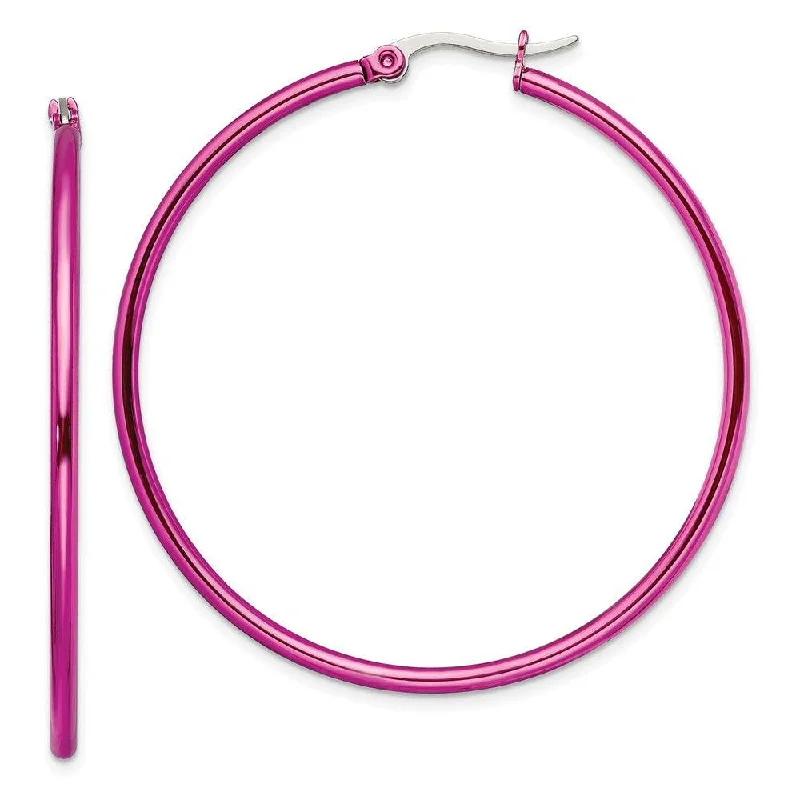 Rose motif earrings-Stainless Steel Pink IP plated 48mm Hoop Earrings