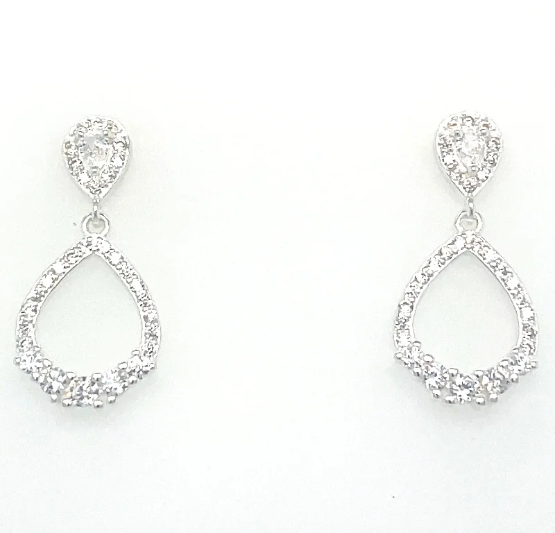 Textured disc earrings-Sterling Silver Open Pear Cz Drop Earrings