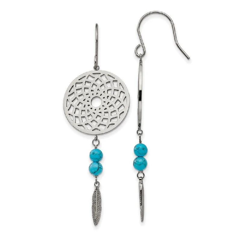 Round stud earrings-Stainless Steel w/Imit.Turquoise Dreamcatcher Dangle Earrings