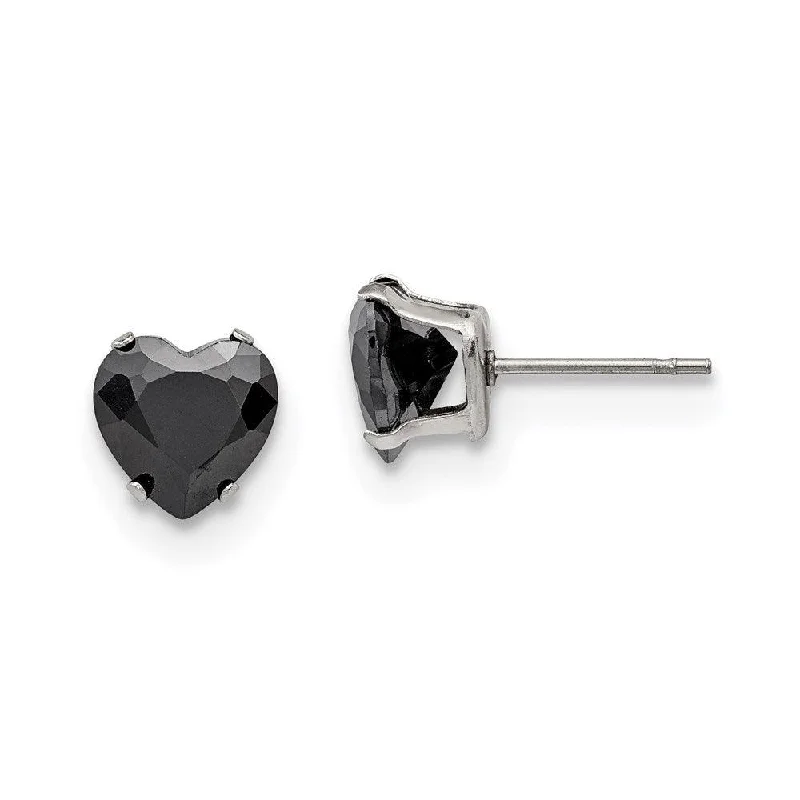 Patina bronze earrings-Stainless Steel Polished 8mm Black Heart CZ Stud Post Earrings