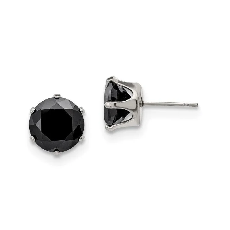 Flat medallion earrings-Stainless Steel Polished 10mm Black Round CZ Stud Post Earrings