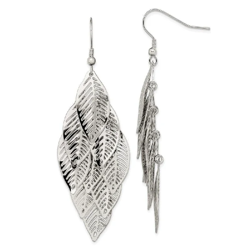 Yarn tassel earrings-Stainless Steel Polished Leaves Dangle Shepherd Hook Earrings