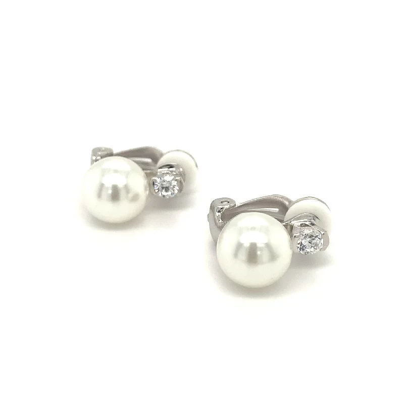 Spinel earrings-Sterling Silver Pearl And Cz Clip On Earrings