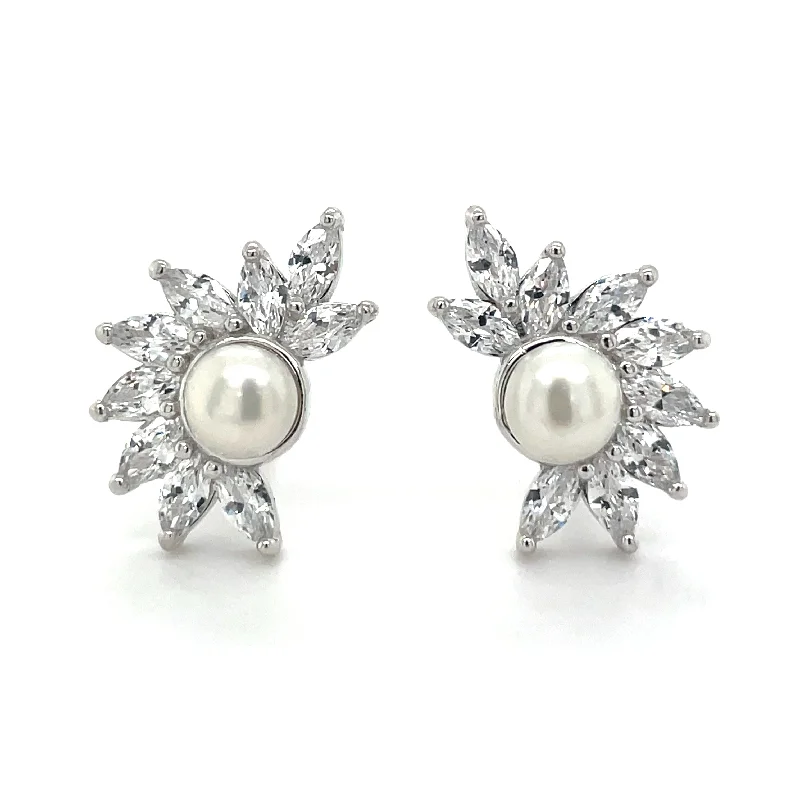 Light wood earrings-Sterling Silver Marquise Cz & Pearl Earrings