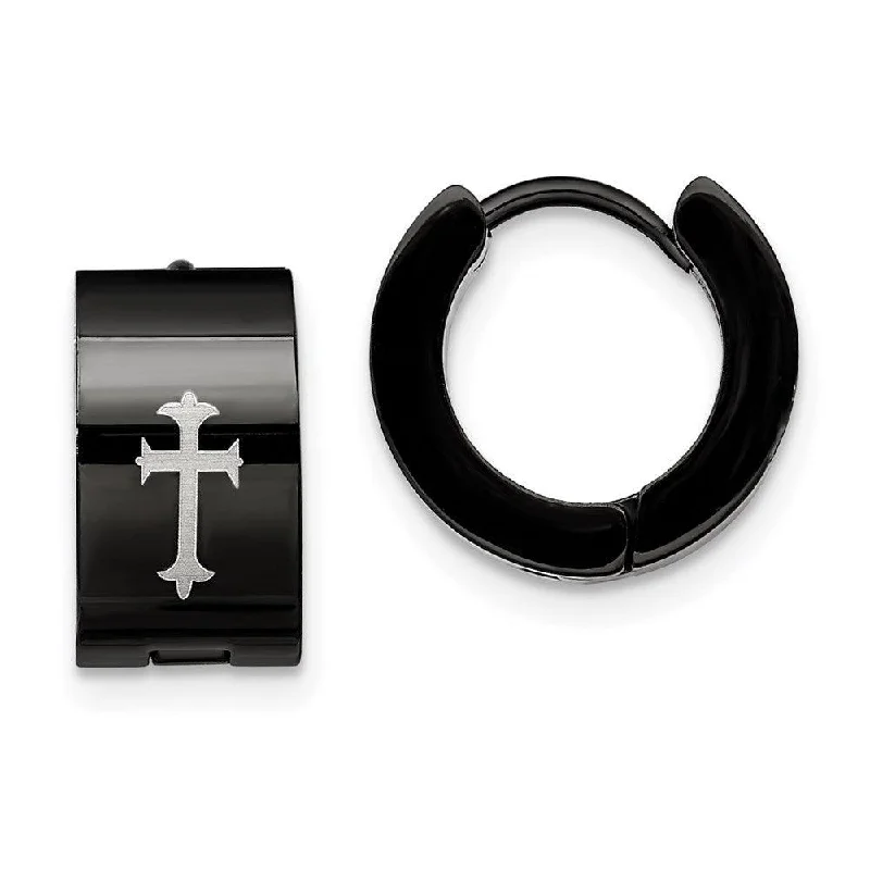 Curved design earrings-Stainless Steel Black IP-plated Round Hinged Hoop w/ Cross Earrings