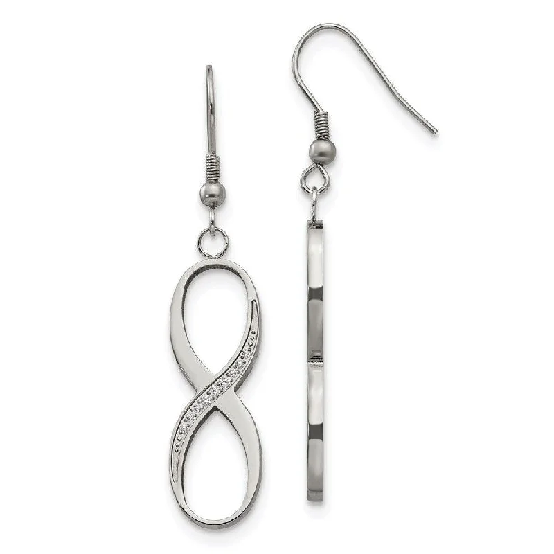 Flat medallion earrings-Stainless Steel Infinity Polished CZ Shepherd Hook Earrings