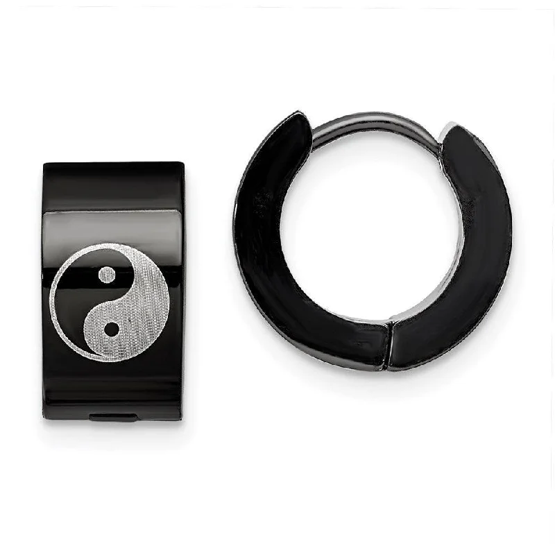 Flat medallion earrings-Stainless Steel Yin Yang Black IP Plated Hinged Hoop Earrings