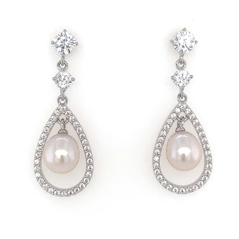 Glossy enamel earrings-Sterling Silver Pear Halo with Drop Pearl Centre Earring