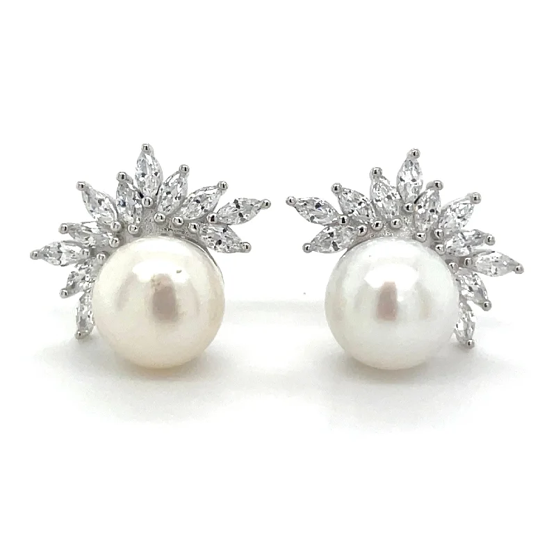 Polished bead earrings-Sterling Silver Pearl & Cz Fan Earrings