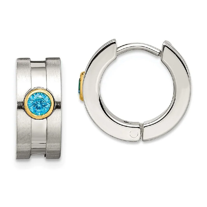 Textured disc earrings-Stainless Steel Teal CZ & Yellow-plated Hinged Hoop Earrings