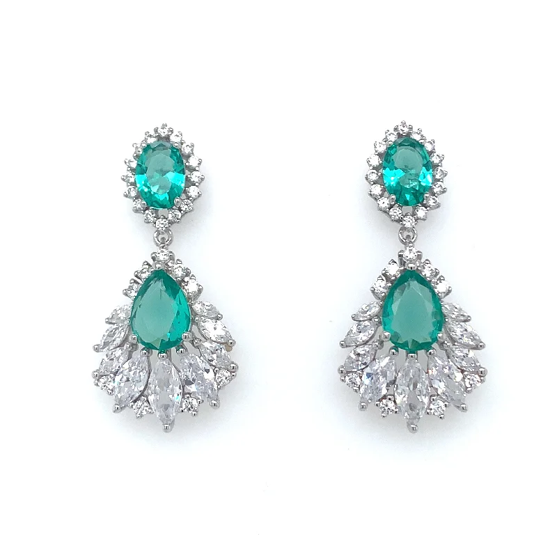 Layered tier earrings-Sterling Silver Emerald And Cz Drop Earrings