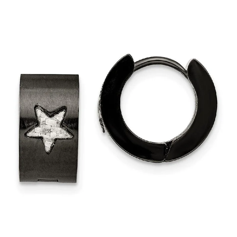 Aged brass earrings-Stainless Steel Black IP plated Star Hinged Hoop Earrings