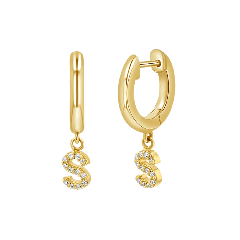 Braided cord earrings-Diamond Initial Charm Drop Huggies