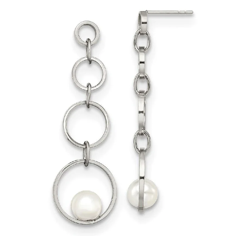 Broad hoop earrings-Stainless Steel Polished with Simulated Pearl Post Dangle Earrings