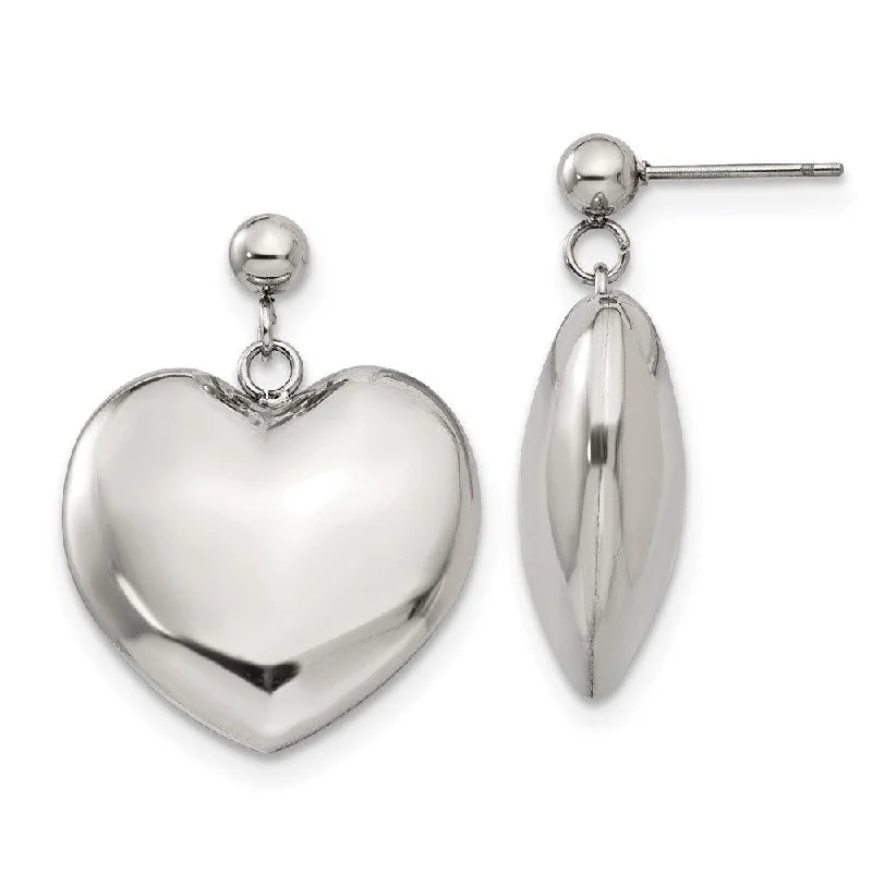 Smooth drop earrings-Stainless Steel Polished Puff Heart Post Dangle Earrings