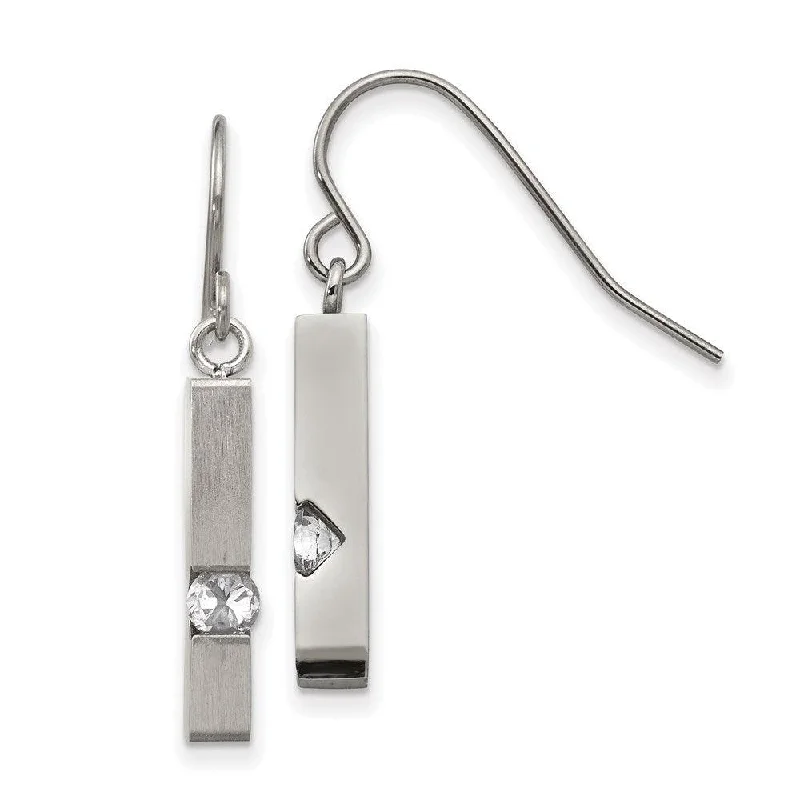 Fine wing earrings-Stainless Steel Brushed and Polished with CZ Shepherd Hook Earrings