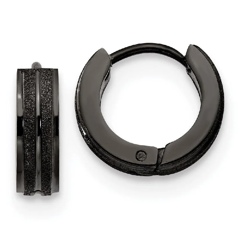 Solid bar earrings-Stainless Steel Black IP-Plated Laser cut Hinged Hoop Earrings