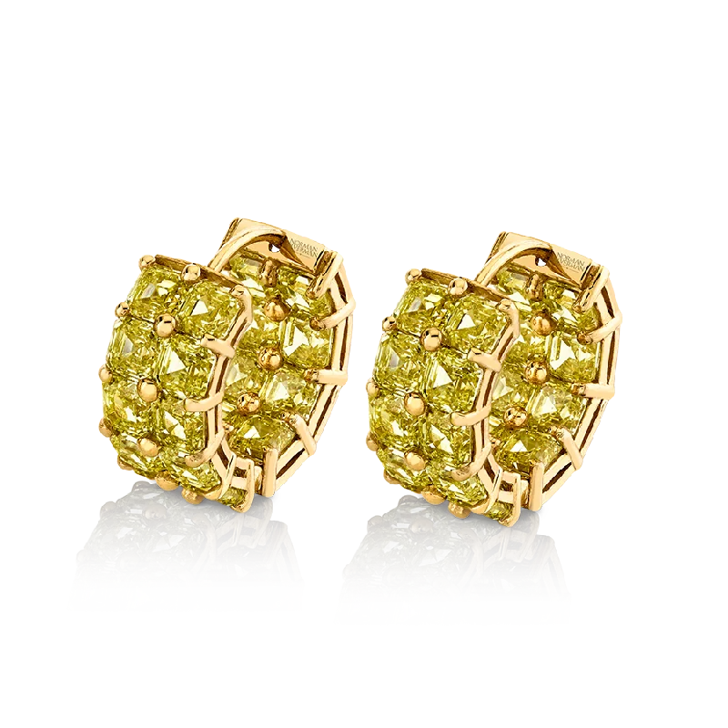 Fine pearl earrings-9.8 ct Double Row Yellow Asscher Cut Diamond Huggies In 18K yellow gold