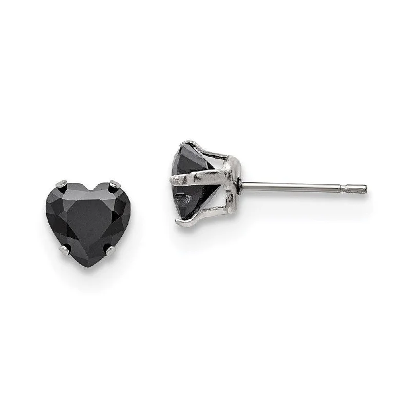 Shiny stud earrings-Stainless Steel Polished 7mm Black Heart CZ Stud Post Earrings