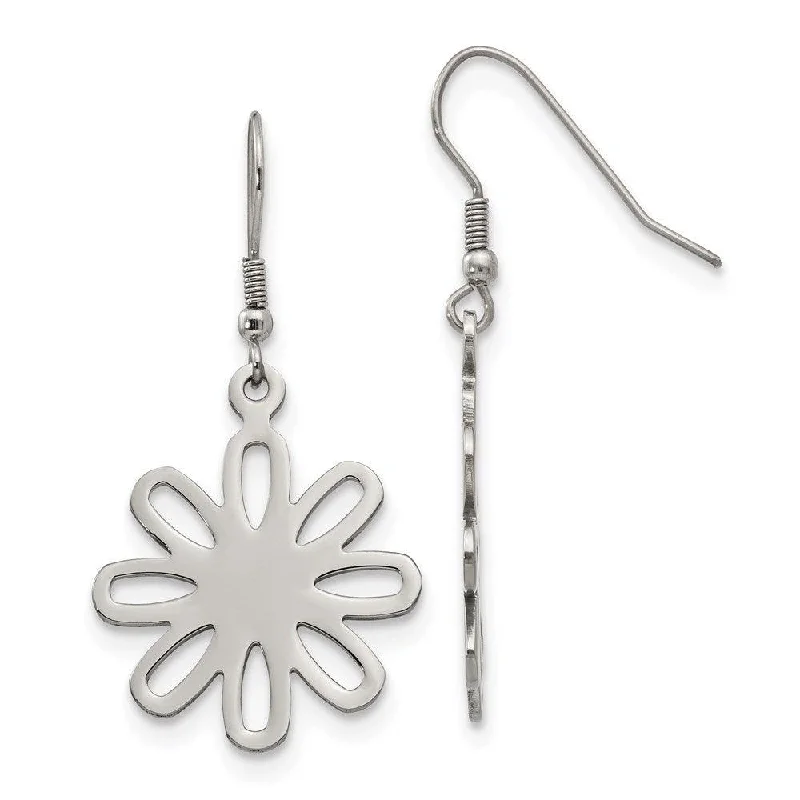 Fine pearl earrings-Stainless Steel Polished Large Flower Dangle Earrings