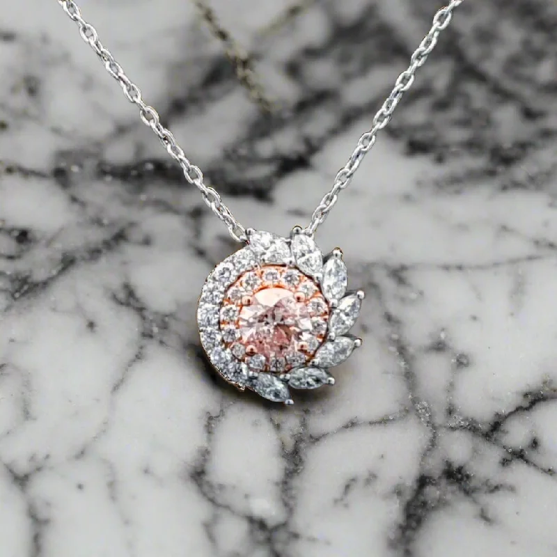 Fine drop necklaces-Cassandra 1 Carat Round Brilliant Cut Pink Diamond Pendant Chain Necklace in 14k Rose & White Gold