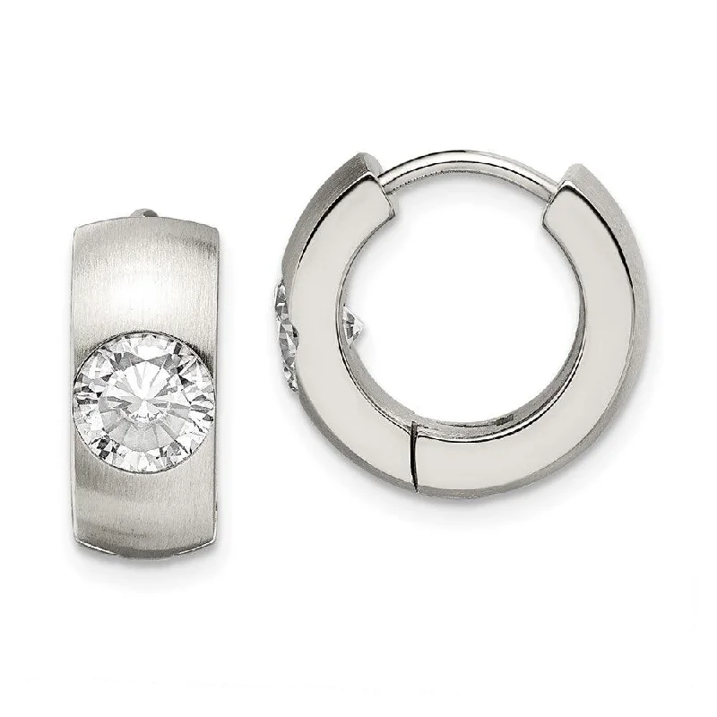 Bali tile earrings-Stainless Steel CZ Brushed & Polished Round Hinged Hoop Earrings