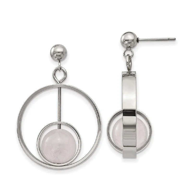 Bali tile earrings-Stainless Steel Polished with Rose Quartz Moveable Post Dangle Earrings