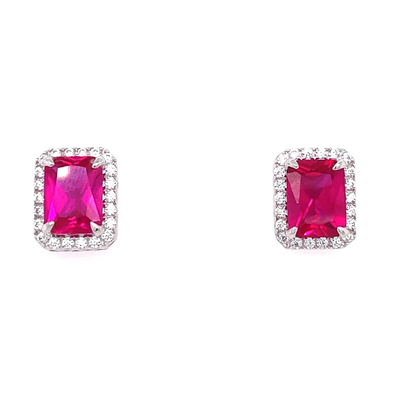 Aged brass earrings-Sterling Silver Emerald Cut Ruby CZ Earrings