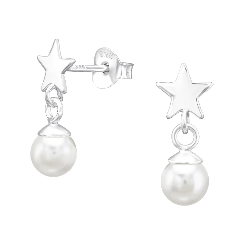 Smooth drop earrings-Sterling Silver Star & Pearl Drop Earrings