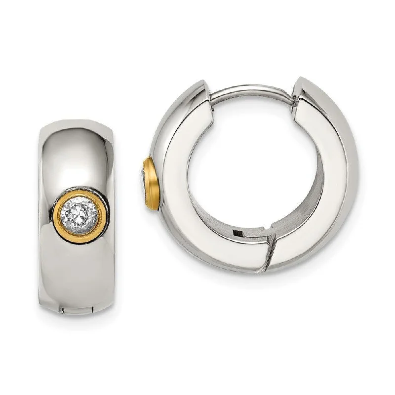 Ruby stud earrings-Stainless Steel CZ & Yellow IP-plated Hinged Hoop Earrings