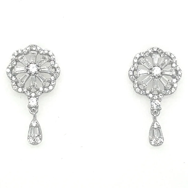 Bali tile earrings-Sterling Silver Cz Flower Drop Earrings