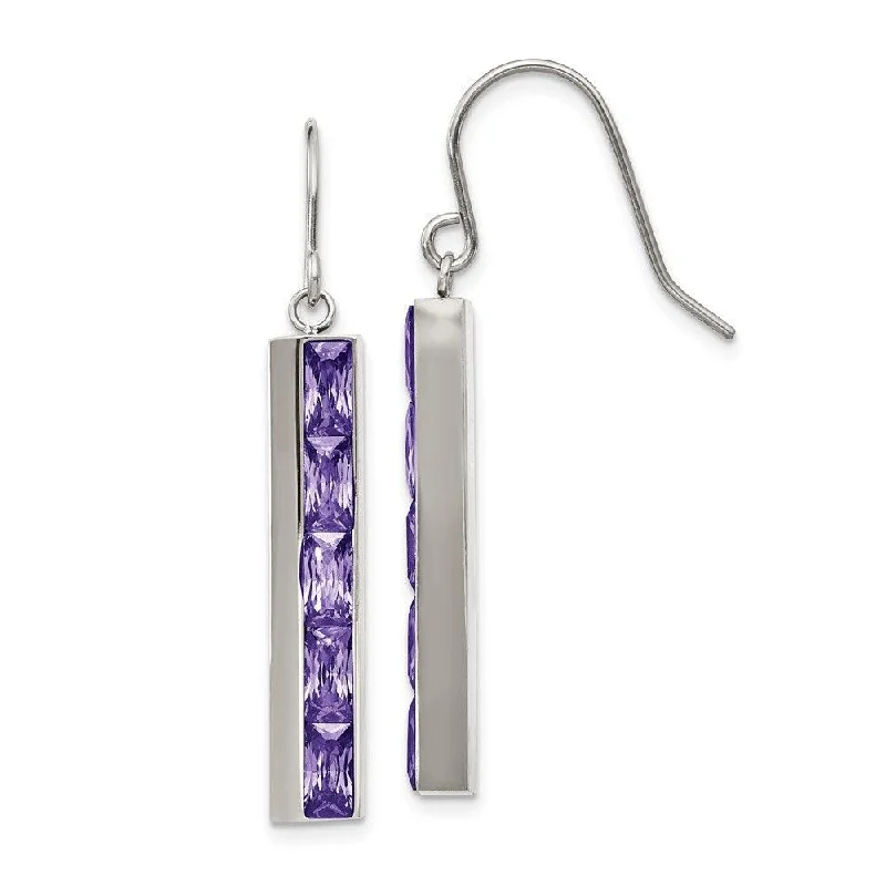 Fox wing earrings-Stainless Steel Polished with Purple CZ Shepherd Hook Earrings