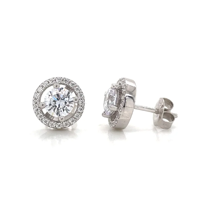 Dual-tone earrings-Sterling Silver Large Round Cz Halo Stud Earring