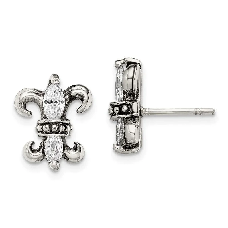 Polished art earrings-Stainless Steel Antiqued Fleur de lis with CZ Post Earrings