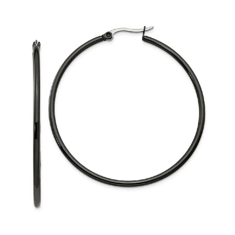 Braided cord earrings-Stainless Steel Black IP plated 48mm Hoop Earrings