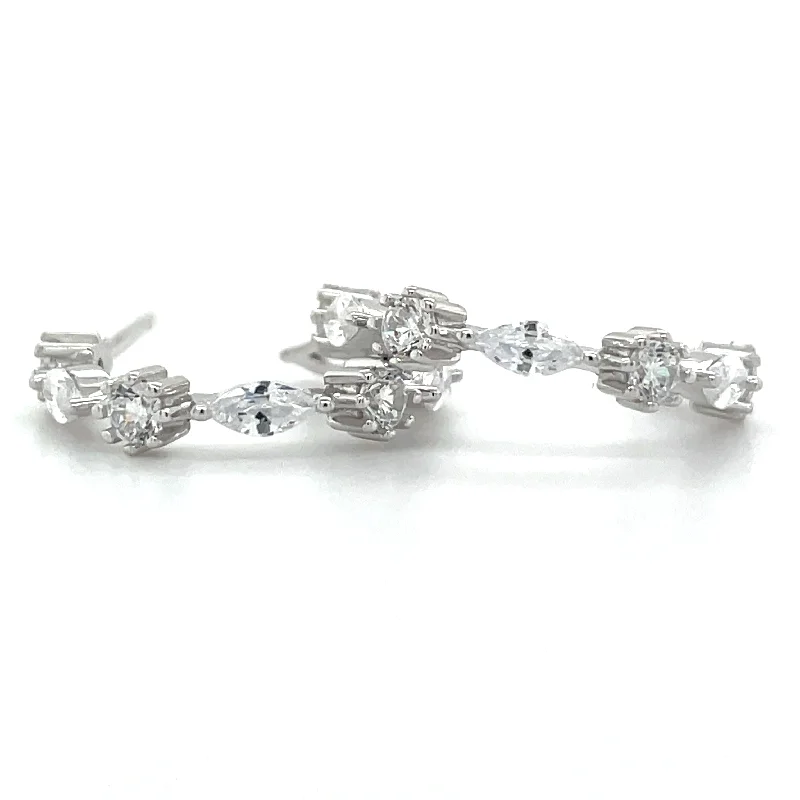 Retro deco earrings-Sterling Silver Marquise & Round Cz Hoop Earrings