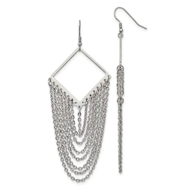 Glossy silver earrings-Stainless Steel Diamond Shape w/Dangle Chain Earrings