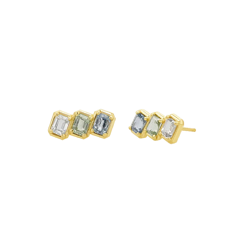 Classic flair earrings-Emerald Cut Blue Ombré Trio Sapphire Earrings