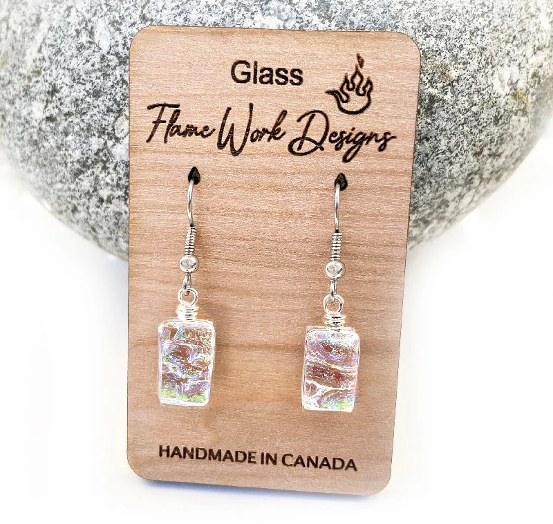 Fine heart earrings-Dichroic Glass Earrings - Rainbow Clear