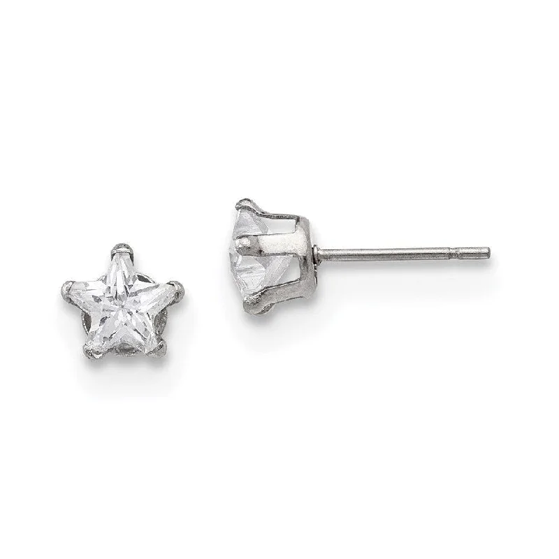 Glossy silver earrings-Stainless Steel Polished 6mm Star CZ Stud Post Earrings