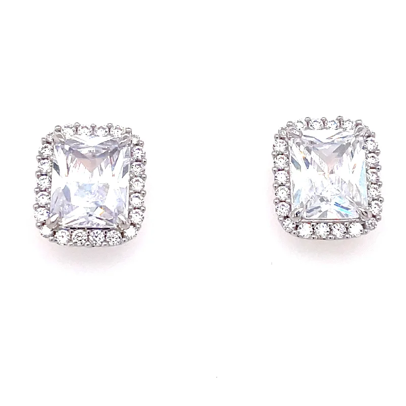 Polished art earrings-Sterling Silver Emerald Cut CZ Earring