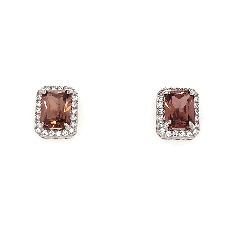 Playful pair earrings-Sterling Silver Morganite Emerald Cut Halo Earrings