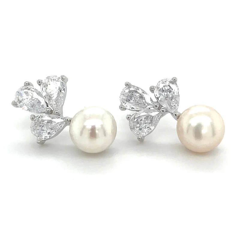 Bright gem earrings-Sterling Silver Triple Pear Cz & Pearl Earrings