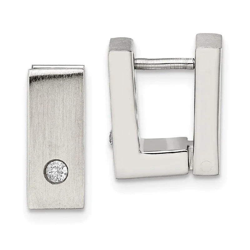 Sleek drop earrings-Stainless Steel CZ Brushed & Polished Hinged Square Hoop Earrings