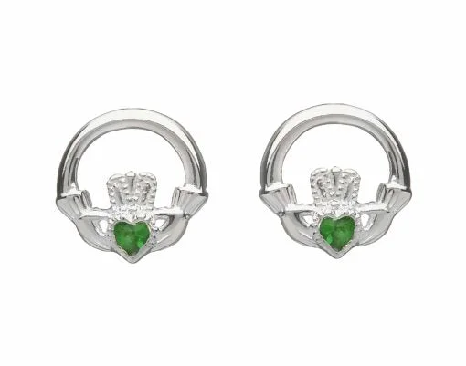 Soft clay earrings-Sterling Silver Claddagh Stud Earrings With An Emerald Stone