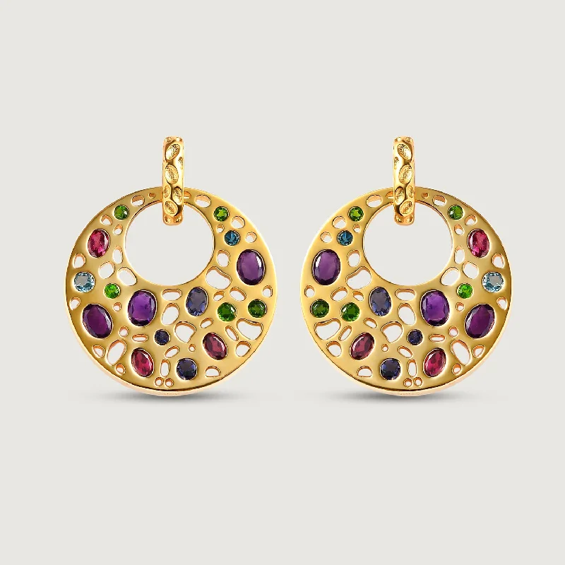 Playful pair earrings-Lattice Disc Multi Gems Drop Earrings