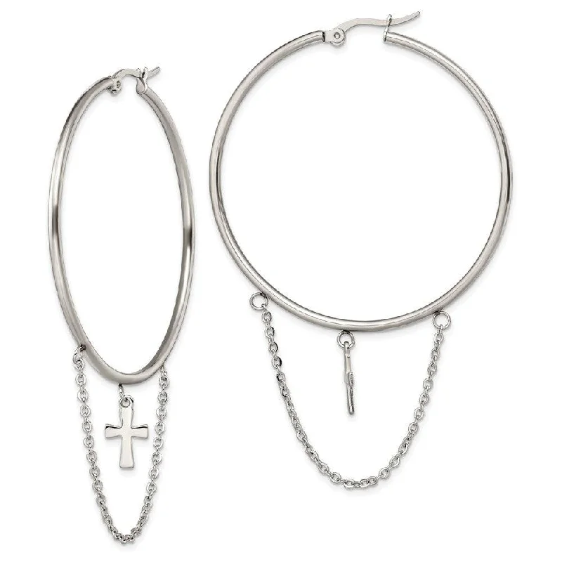 Playful pair earrings-Stainless Steel Polished Cross Dangle Hoop Earrings