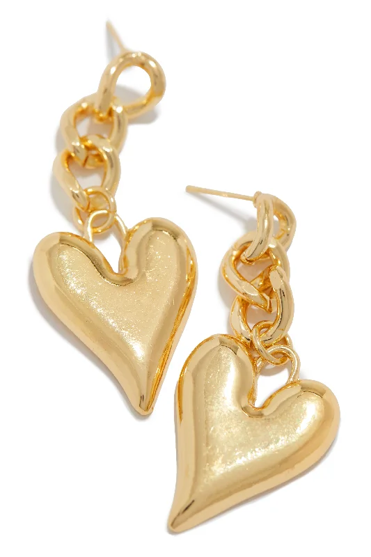 Curved design earrings-Love Bond Dangle Heart Pendant Earring - Gold