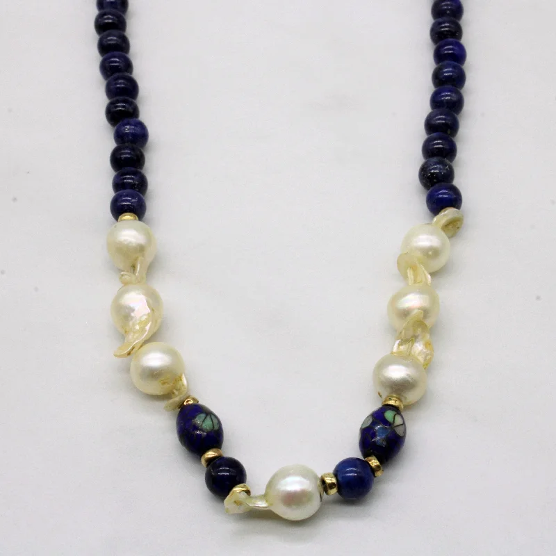 Textured disc necklaces-Baroque Pearl & Lapis Bead Necklace | 30" |