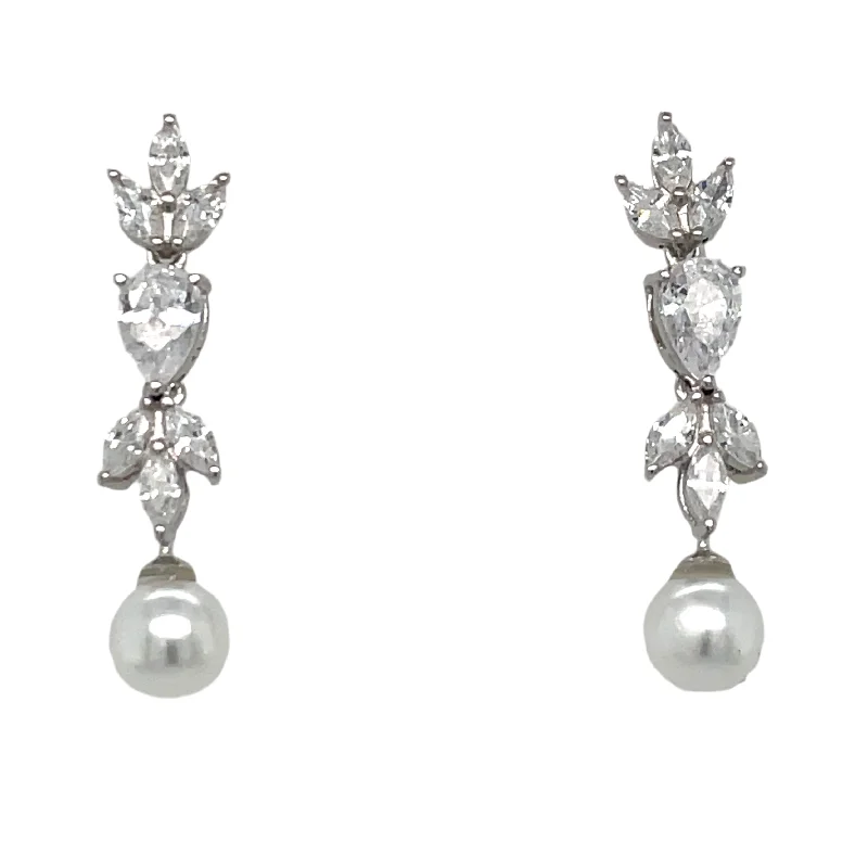 Heavy hoop earrings-Sterling Silver Cz And Pearl Drop Earrings